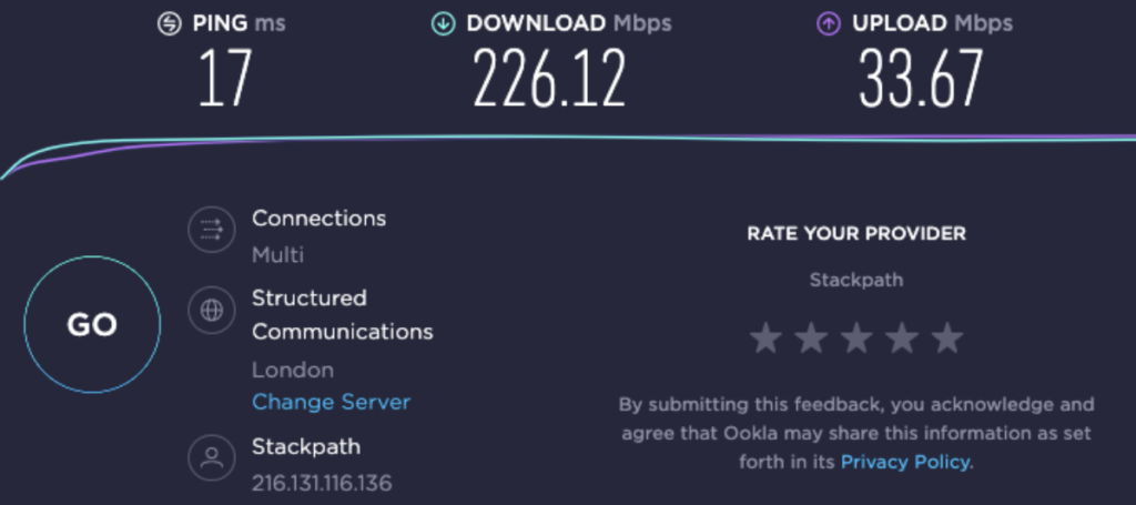 speed test on IPVanish UK server